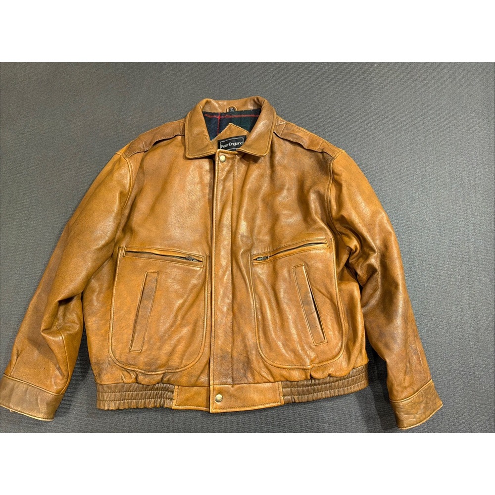 Peter England Brown Vintage Leather Bomber Jacket‎ Plaid Lined Men's Large